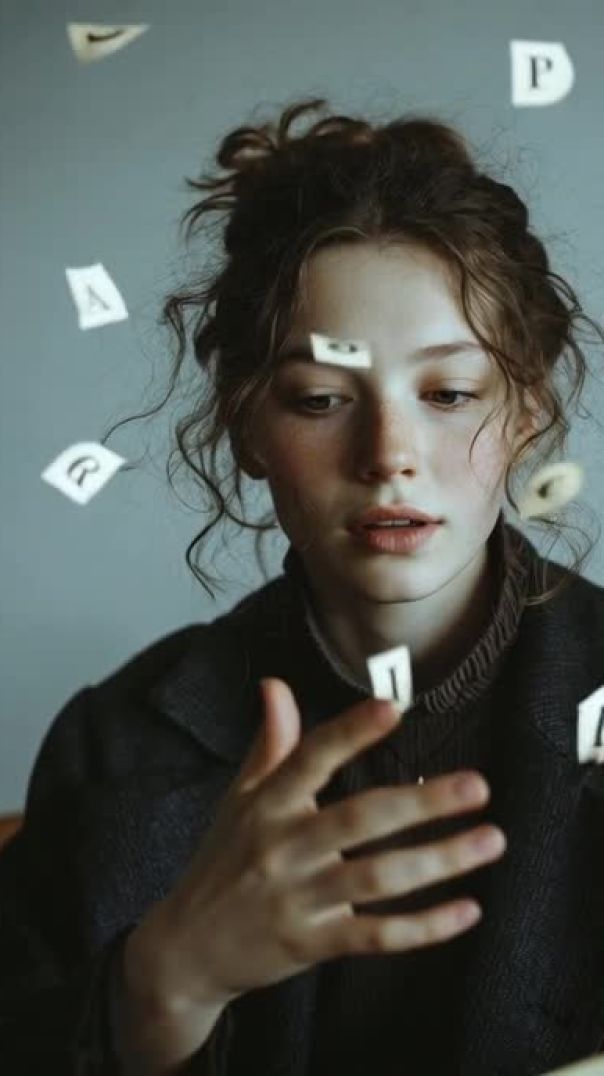 The subject opens up a book and letters from the book start slowly floating up from the book