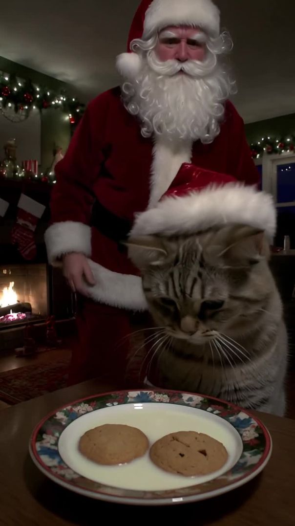 A cat in a Christmas hat eats cookies in a dimly lit living room with Santa Claus and festive decora