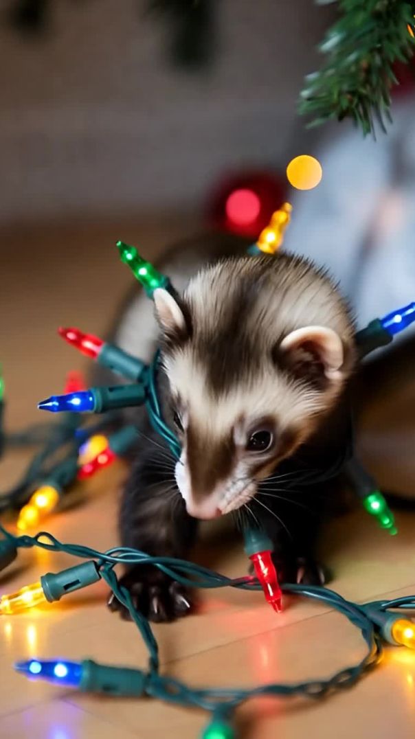 A ferret wrapped in colorful Christmas lights, in a festive indoor setting